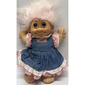 Vintage Troll Baby Russ‎ Berrie 13'' Plush Pink Hair Jean Skirt Outfit